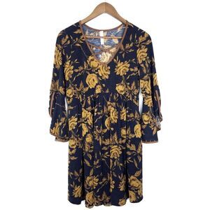 Jules & James Navy Blue Floral Print V-Neck Bell Sleeve Dress Size Small